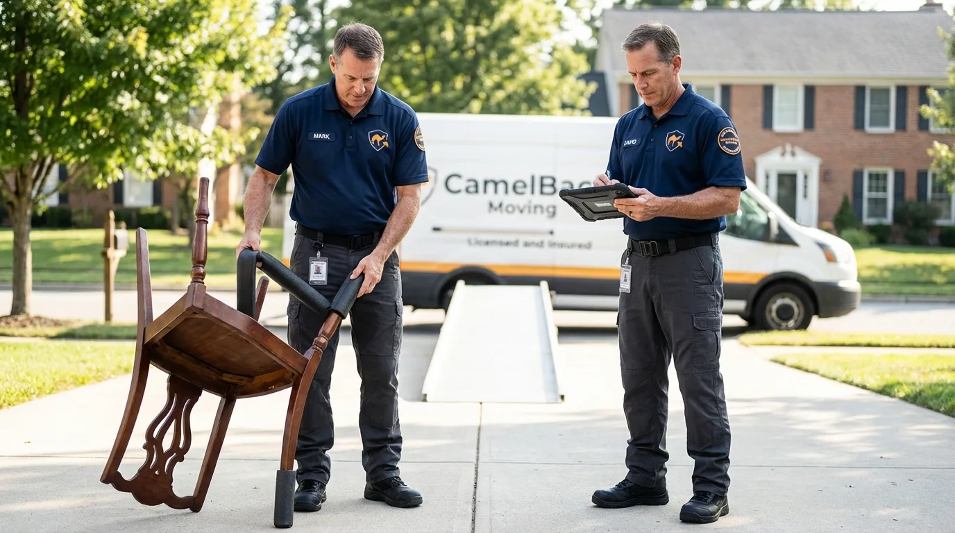 Movers inspecting furniture for damage prevention before loading in Elizabeth, CO